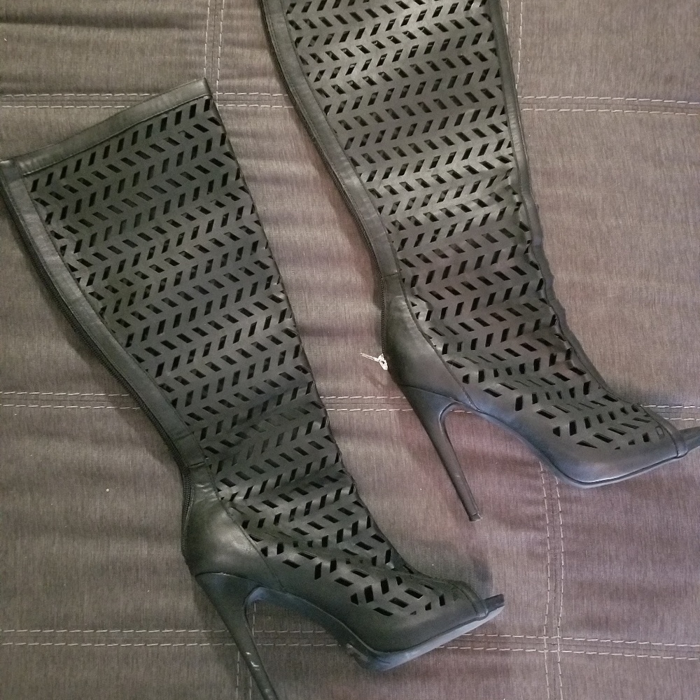 Heeled open toe calf leather boots